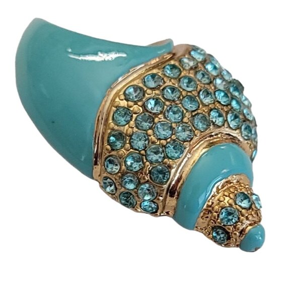 LC Liz Claiborne Teal, Robins Egg Enamel Seashell Blue Rhinestone Brooch, M732 - Picture 2 of 9